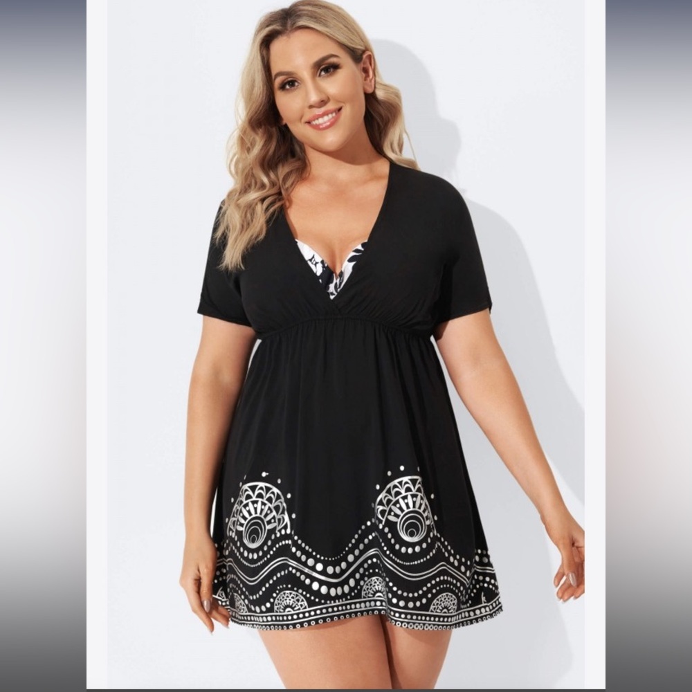 Meet.Curve Black Elastic Waistband V-Neck Cover Up Dress - size 3XL